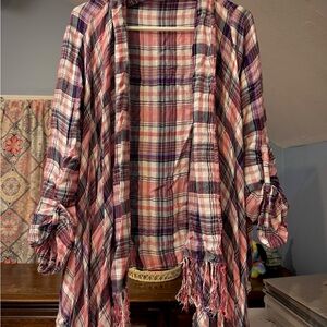 Plaid Fringe Open Cardigan
